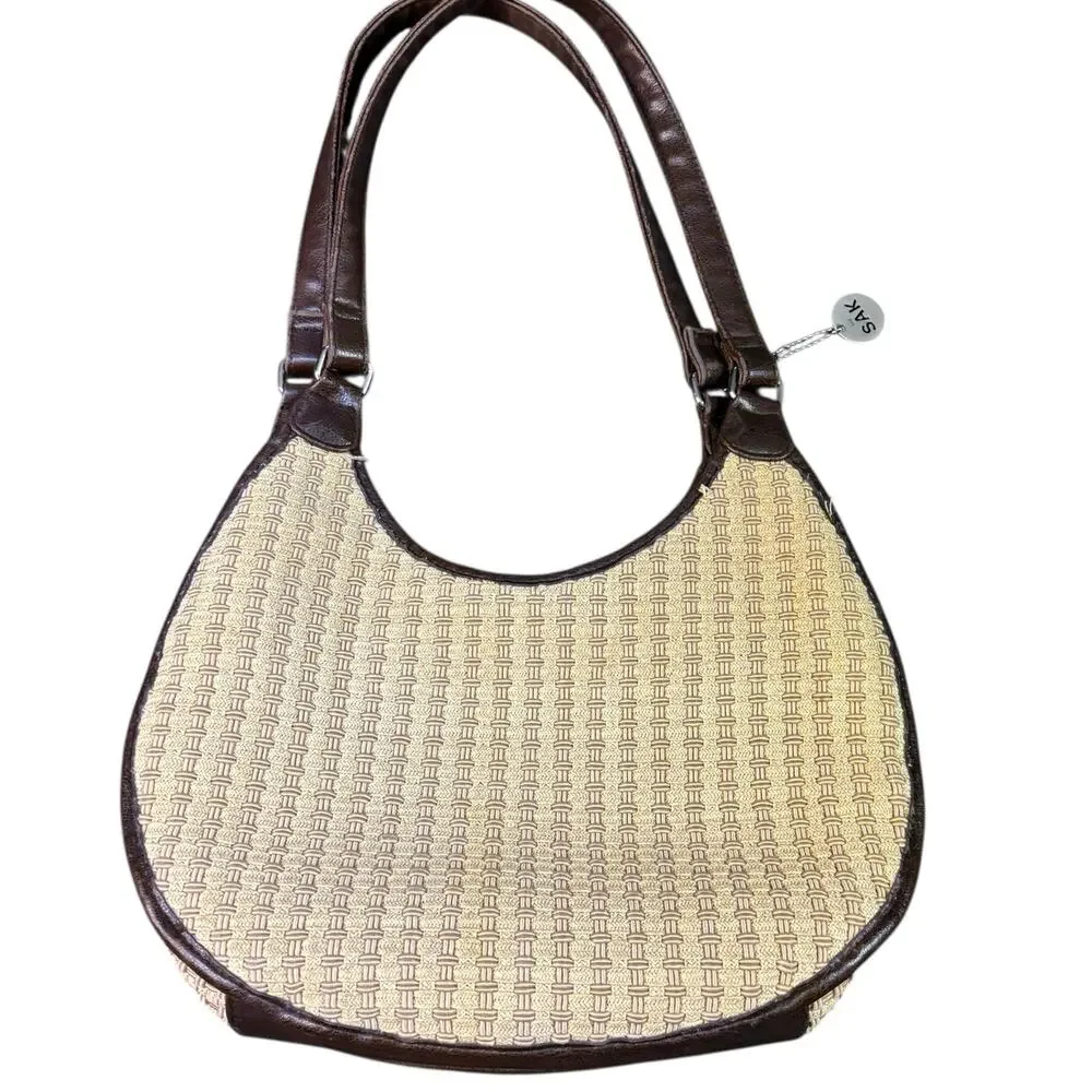 The Sak Tan Woven Crossbody Bag with Dark Brown Trim - Picture 3 of 12